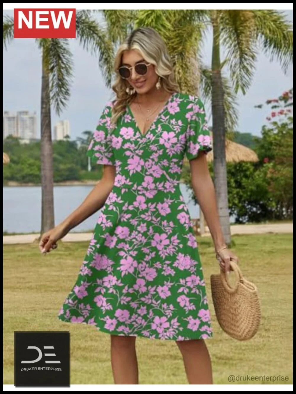 Wrap V Neck A-Line Ruffle Sleeve Sundress with Pockets Floral Print Knee-Length
